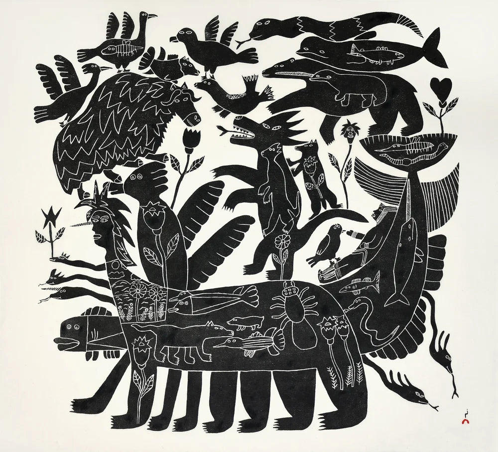 Dinosaur Riding Transformation by PITSIULAQ QIMIRPIK From the cape dorset 2026 print collection 