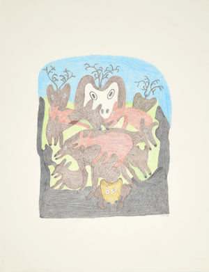 Wolf jagt Karibus, Zeichnung von Meelia Kelly 